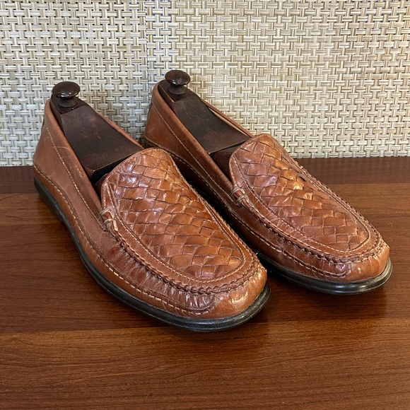 🌟HP🌟Johnson & Murphy Cognac Tan Leather Tidwell Woven Loafers 9M Brazil - Picture 3 of 13